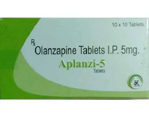 Close-up of Awadh Pharma's Olanzapine Tablets I.P. 5mg, a medication used to treat schizophrenia and bipolar disorder.