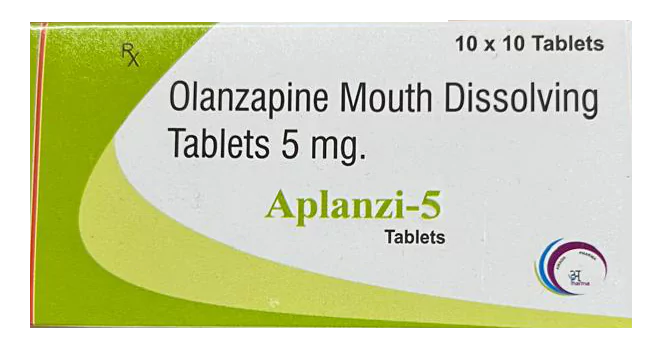 Close-up of Awadh Pharma's Olanzapine Tablets I.P. 5mg, a medication used to treat schizophrenia and bipolar disorder.